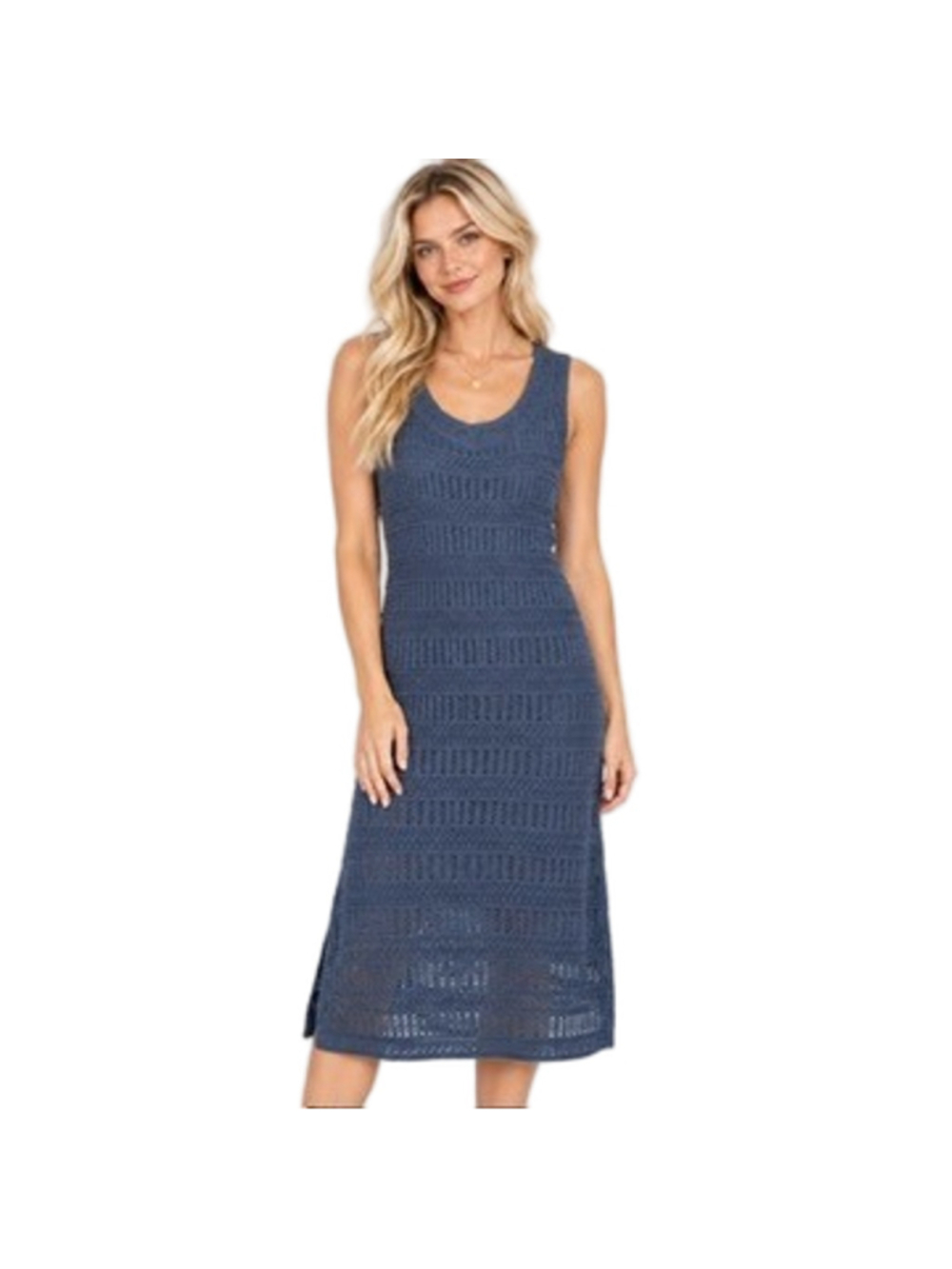 J. Jill Navy Blue Crochet Knit Sleeveless Shift Dress Lined Boho Midi Size L